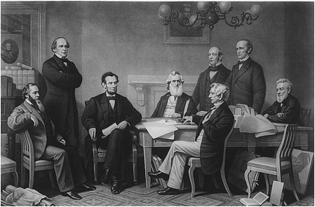 President Abraham Lincoln reads a draft of the Emancipation Proclamation to his Cabinet