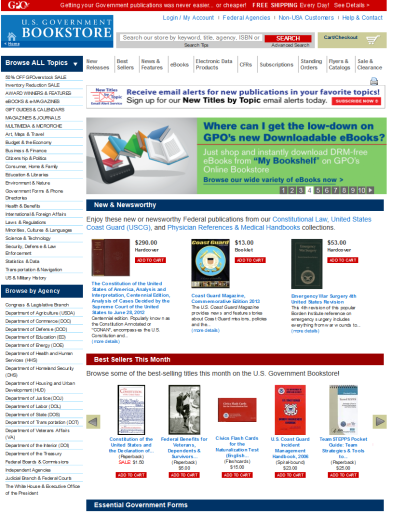 Image: Today's U.S. Government Online Bookstore home page as of March 12, 2014.