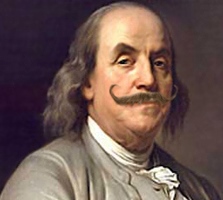 Benjamin Franklin wearing an ostentatious fake moustache for April Fool's Day 